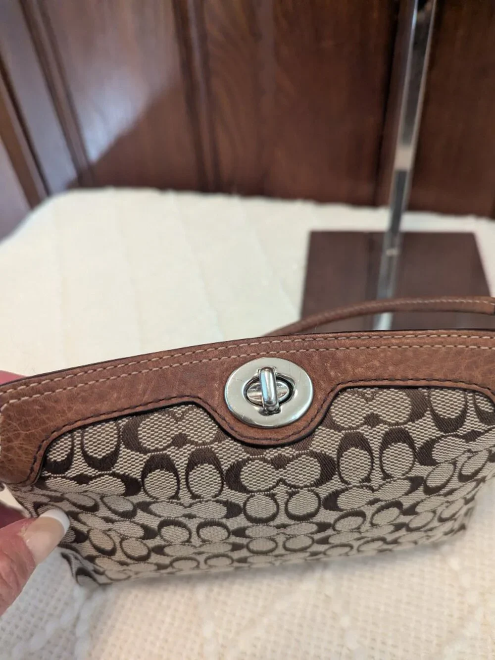 Coach Turnlock Brown Signature Wristlet Mini bag